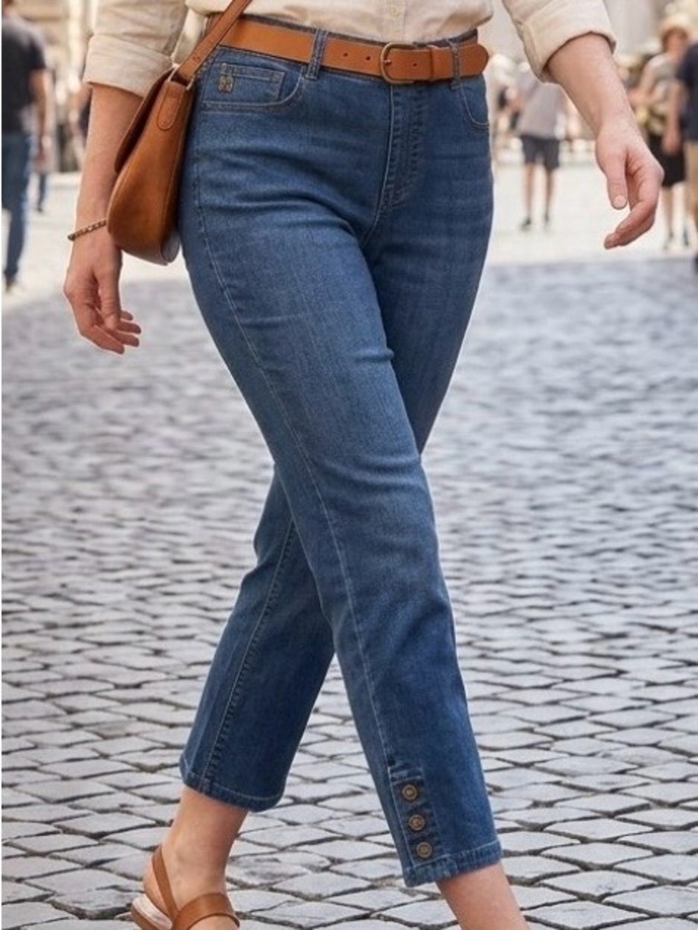 Belle by Kim Gravel Mid-Rise Jeans in Blue Denim with Button Tab